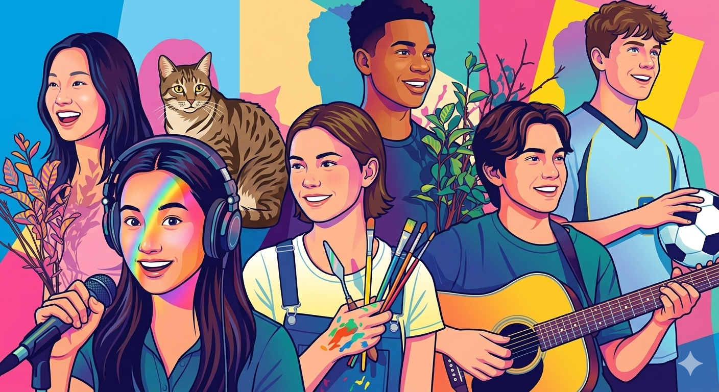 Colorful illustration of students enjoying music, art, sports and coding